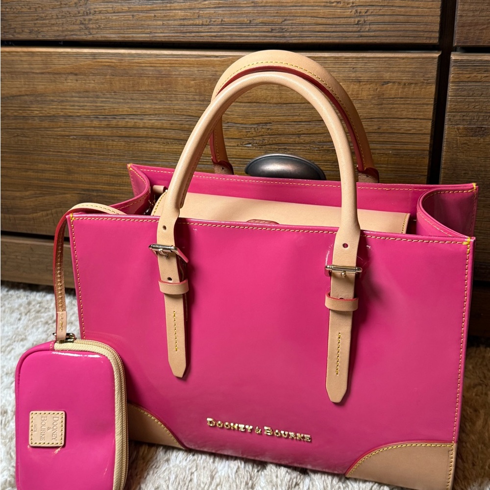 Dooney & Bourke Hot Pink and Tan Patent Leather Tote